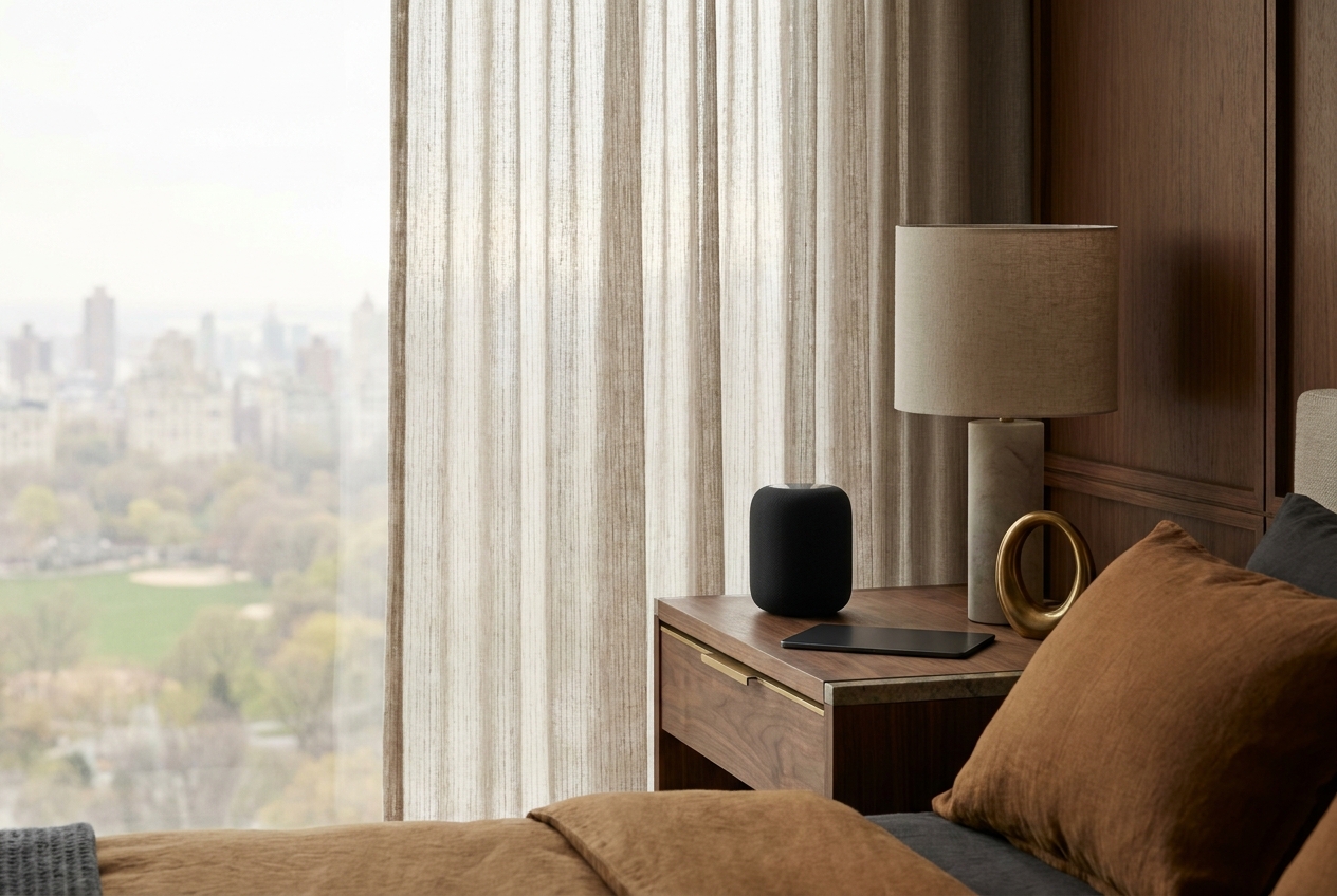 A sleek matte smart speaker and a slim tablet on a walnut nightstand in a luxury hotel suite, a city view beyond sheer curtains.