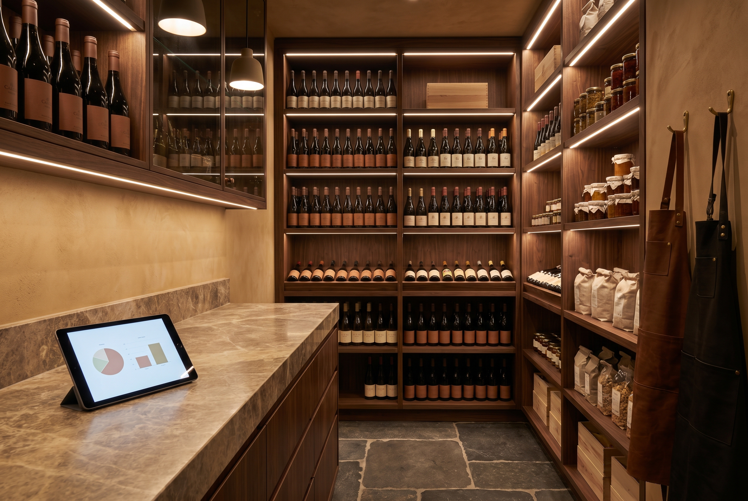 A refined hotel back-of-house wine and provisions room with a tablet showing simple charts on a marble counter.