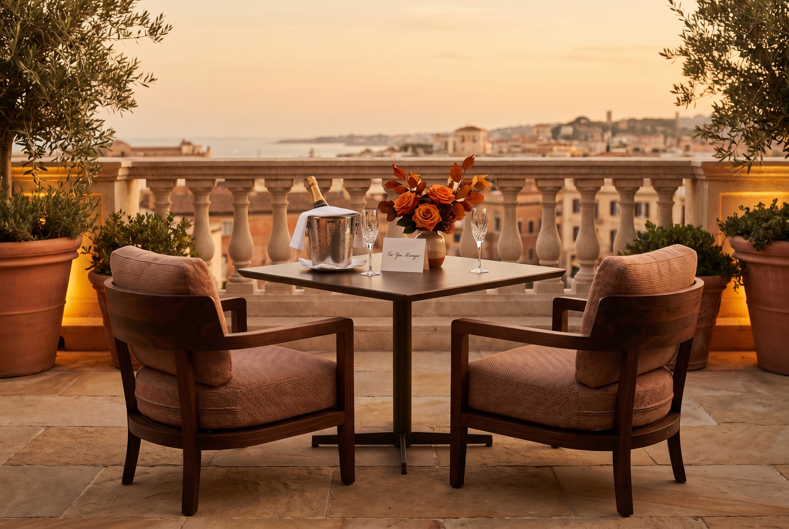 A corner table for two set on a hotel terrace at golden hour, with chilled champagne in an ice bucket and fresh flowers.