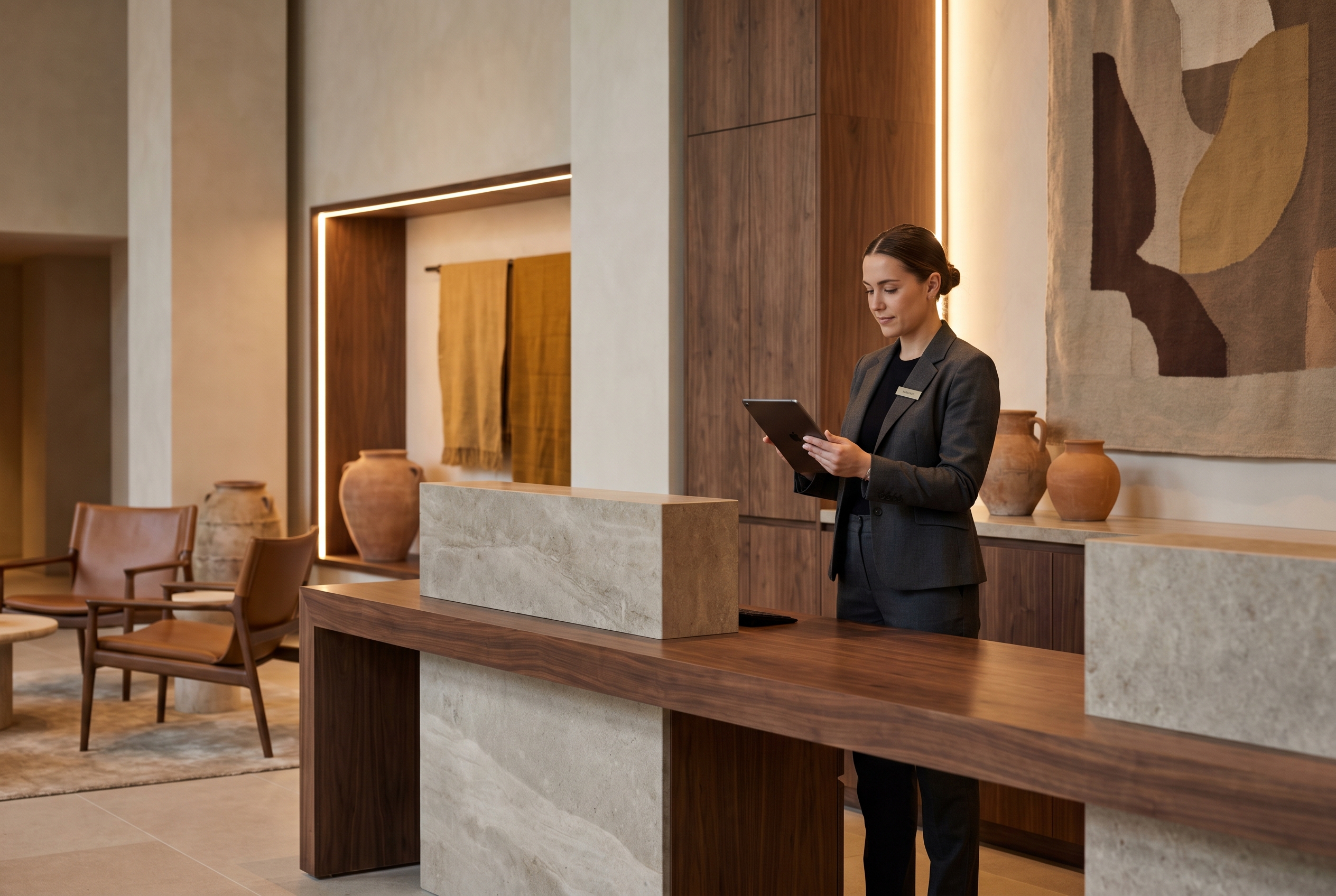 A concierge in a tailored suit reviewing a tablet at a stone-and-walnut reception desk in an upscale hotel.