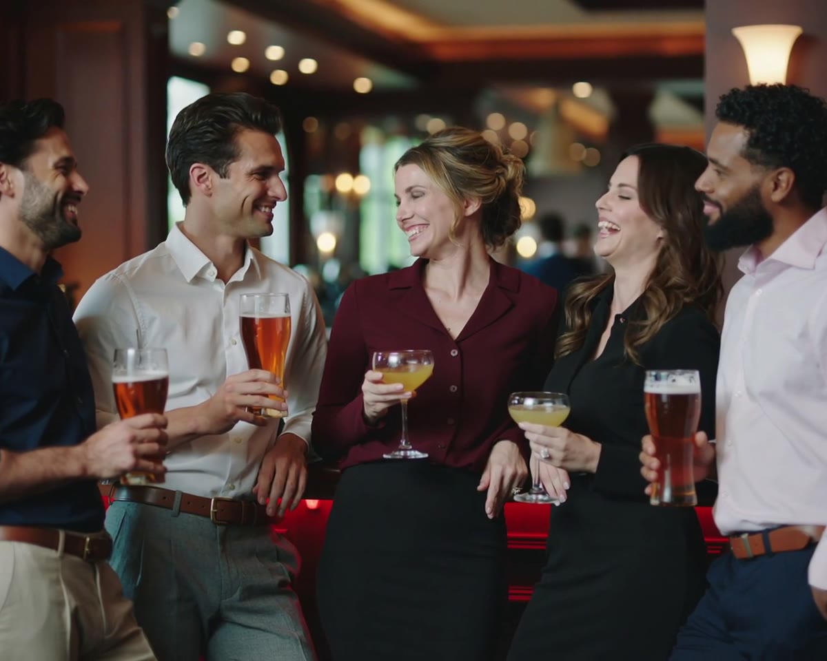 A group of friends standing at the bar with pints and cocktails, talking and laughing.