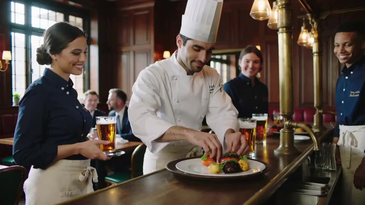 A chef plating a dish at the pass while front-of-house staff look on in a warm restaurant.